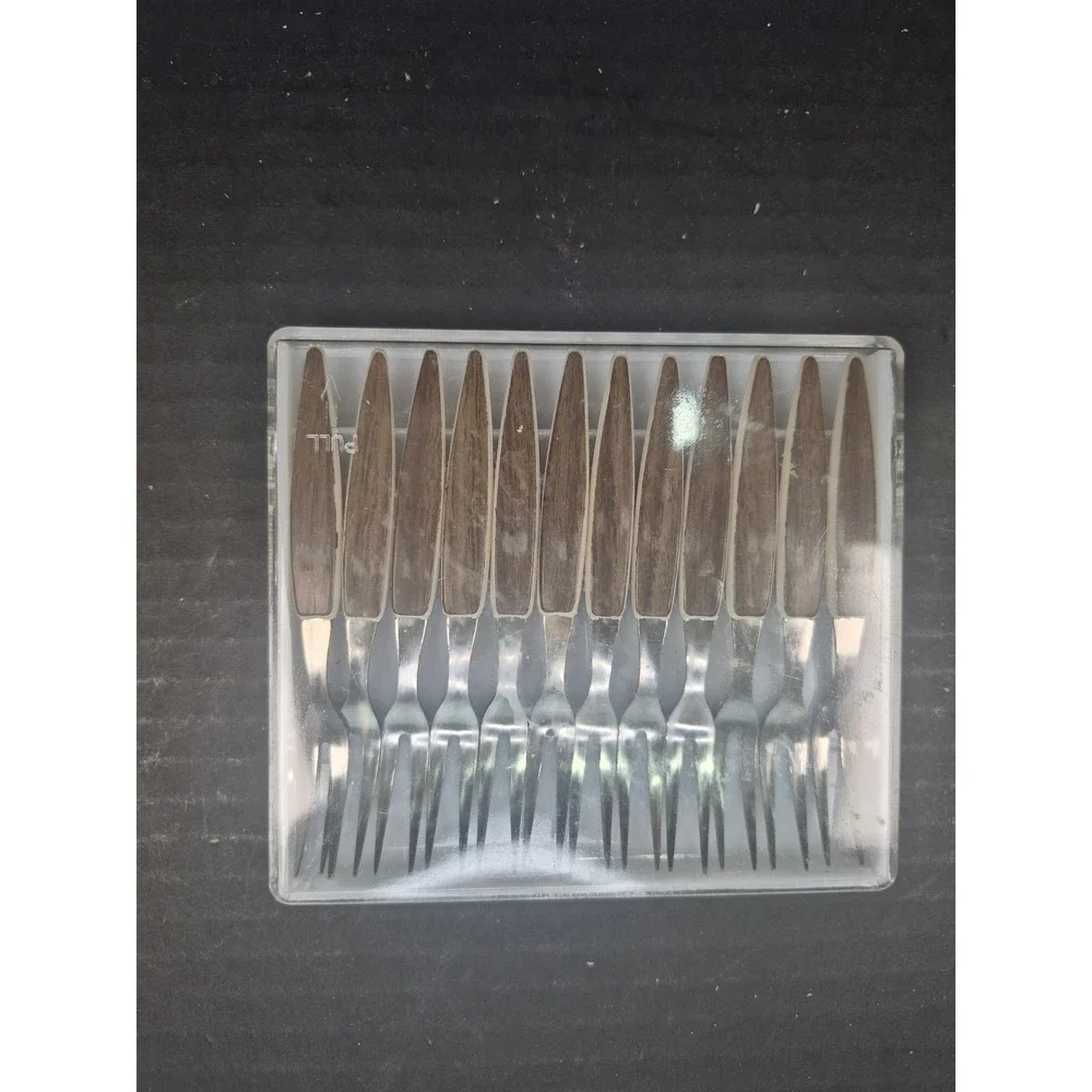 Vintage Action Industries 12 Cocktail Forks Stainless Woodgrain Japan 5202